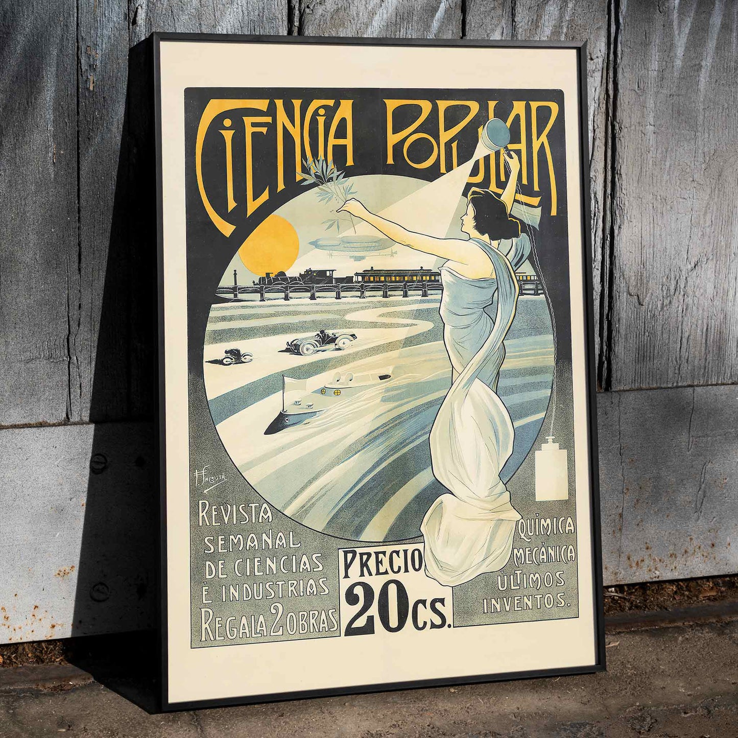 Art Nouveau poster of a woman in a white dress holding a torch and laurel branch with science themes Ciencia Popular by F Sagrista, framed and displayed in home decor