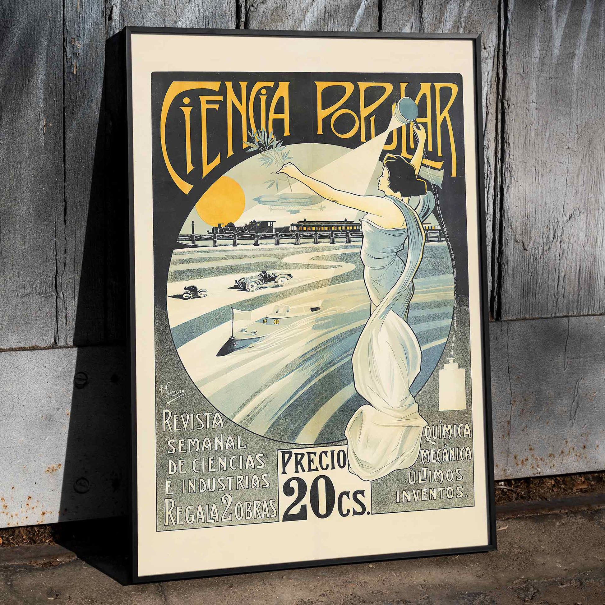 Art Nouveau poster of a woman in a white dress holding a torch and laurel branch with science themes Ciencia Popular by F Sagrista, framed and displayed in home decor