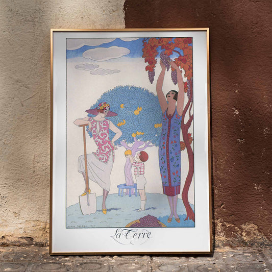Art Deco illustration and poster by George Barbier featuring women and a child harvesting fruit in a colorful stylized garden, framed and displayed in home decor