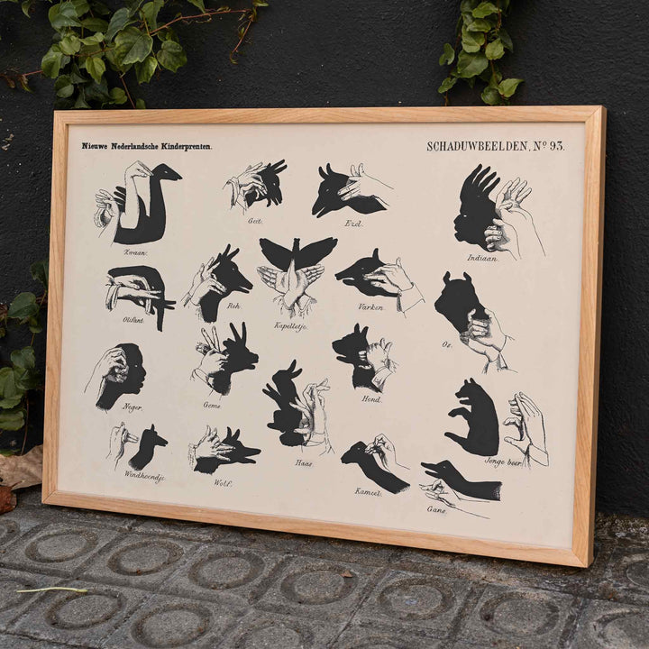 Vintage hand shadow puppet illustrations and animal shapes poster from Shadow Hands by George Lodewijk Funke artwork, framed and displayed in home decor
