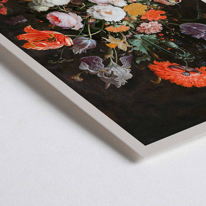 Closeup detail of Colorful bouquet of flowers in a vase with a watch vibrant floral arrangement by Abraham Mignon Still Life with Flowers and a Watch poster