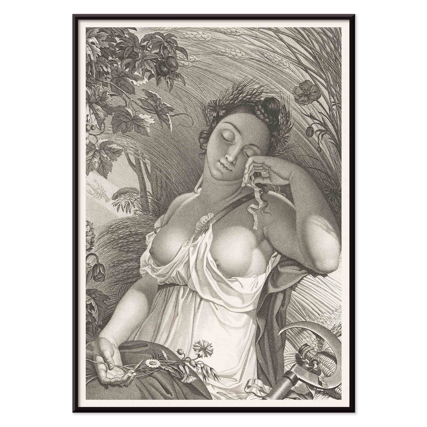 Sleeping Woman by Salvatore Tresca serene woman sleeping in a lush natural setting with flowers and wheat poster, with black aluminium frame on white background