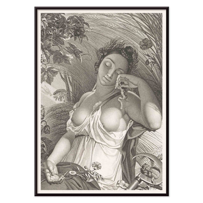 Sleeping Woman by Salvatore Tresca serene woman sleeping in a lush natural setting with flowers and wheat poster, with black aluminium frame on white background