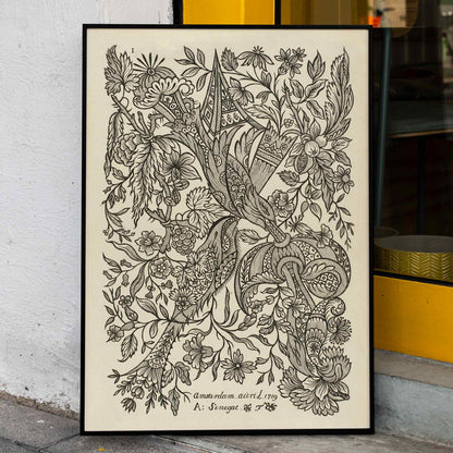 Intricate black and white floral textile pattern artwork poster by Alexander Senegat, framed and displayed in home decor