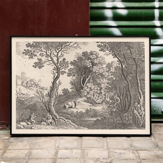 Mercury playing the flute in a detailed forest landscape with trees animals and natural scenery by Willem van Nieulandt poster, framed and displayed in home decor