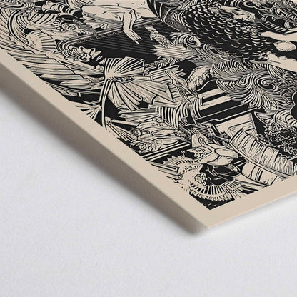 Closeup detail of Orpheus playing harp surrounded by animals in lush jungle artwork by Henri van der Stok poster
