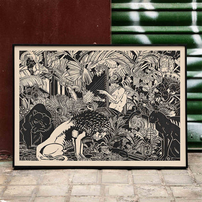 Orpheus playing harp surrounded by animals in lush jungle artwork by Henri van der Stok poster, framed and displayed in modern living room decor