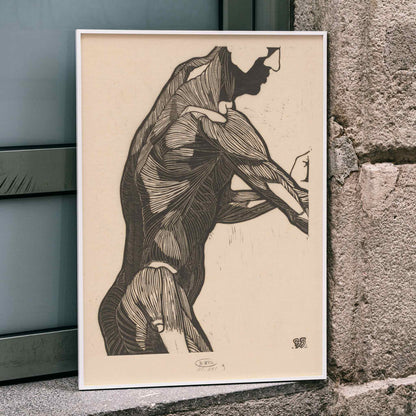 Anatomical poster of mans side and arm showing detailed muscle structure artwork by Reijer Stolk, framed and displayed in home decor