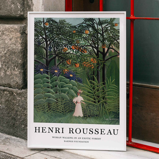Woman in white dress walking through lush jungle plants in Exotic Forest by Henri Rousseau poster, framed and displayed in home decor