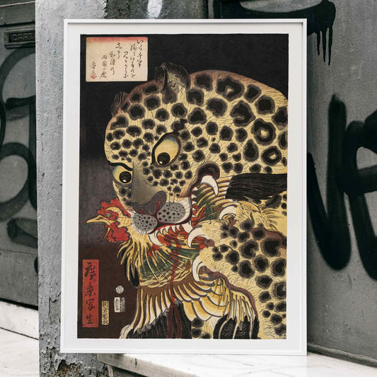 Tiger biting colorful rooster and gripping bird in The Tiger of Ryokoku by Utagawa Hirokage Japanese art poster, framed and displayed in home decor