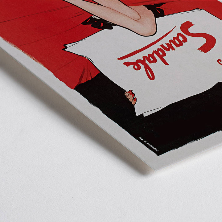 Closeup detail of Paul Iribe Le bas scandale poster with crossed legs white sign and bold red black vintage advertising design