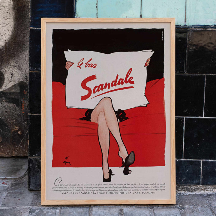 Paul Iribe Le bas scandale poster with crossed legs white sign and bold red black vintage advertising design, framed and displayed in home decor