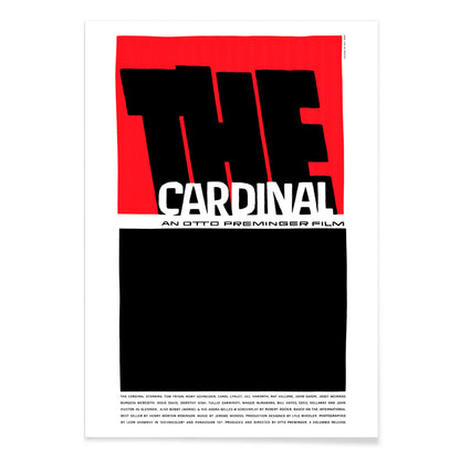 Minimalist graphic design of The Cardinal Movie poster by Saul Bass featuring bold black and red graphics large text and a minimalist style, with black aluminium frame on white background