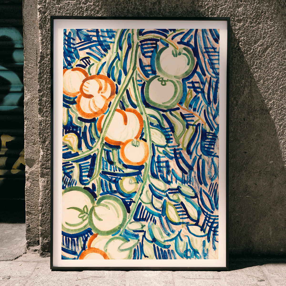 Drooping branch with red and green tomatoes by Christian Rohlfs vibrant abstract artwork poster, framed and displayed in home decor