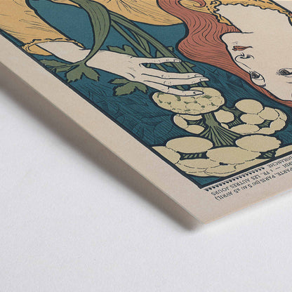 Closeup detail of Eugène Grasset Salon des Cent poster featuring a red haired woman with flowers in cream teal and yellow Art Nouveau style