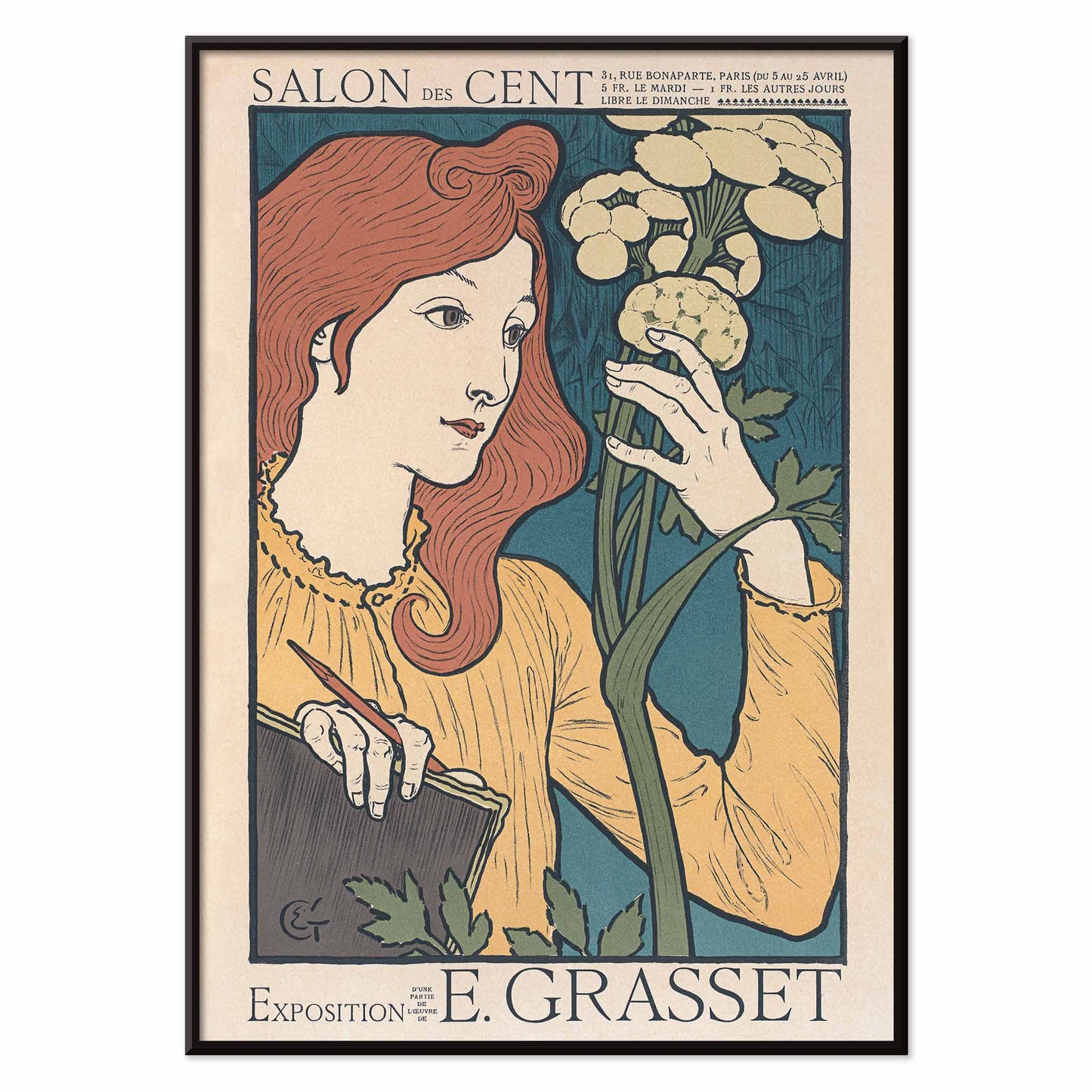 Eugène Grasset Salon des Cent poster featuring a red haired woman with flowers in cream teal and yellow Art Nouveau style, with black aluminium frame on white background