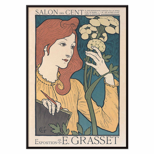 Eugène Grasset Salon des Cent poster featuring a red haired woman with flowers in cream teal and yellow Art Nouveau style, with black aluminium frame on white background