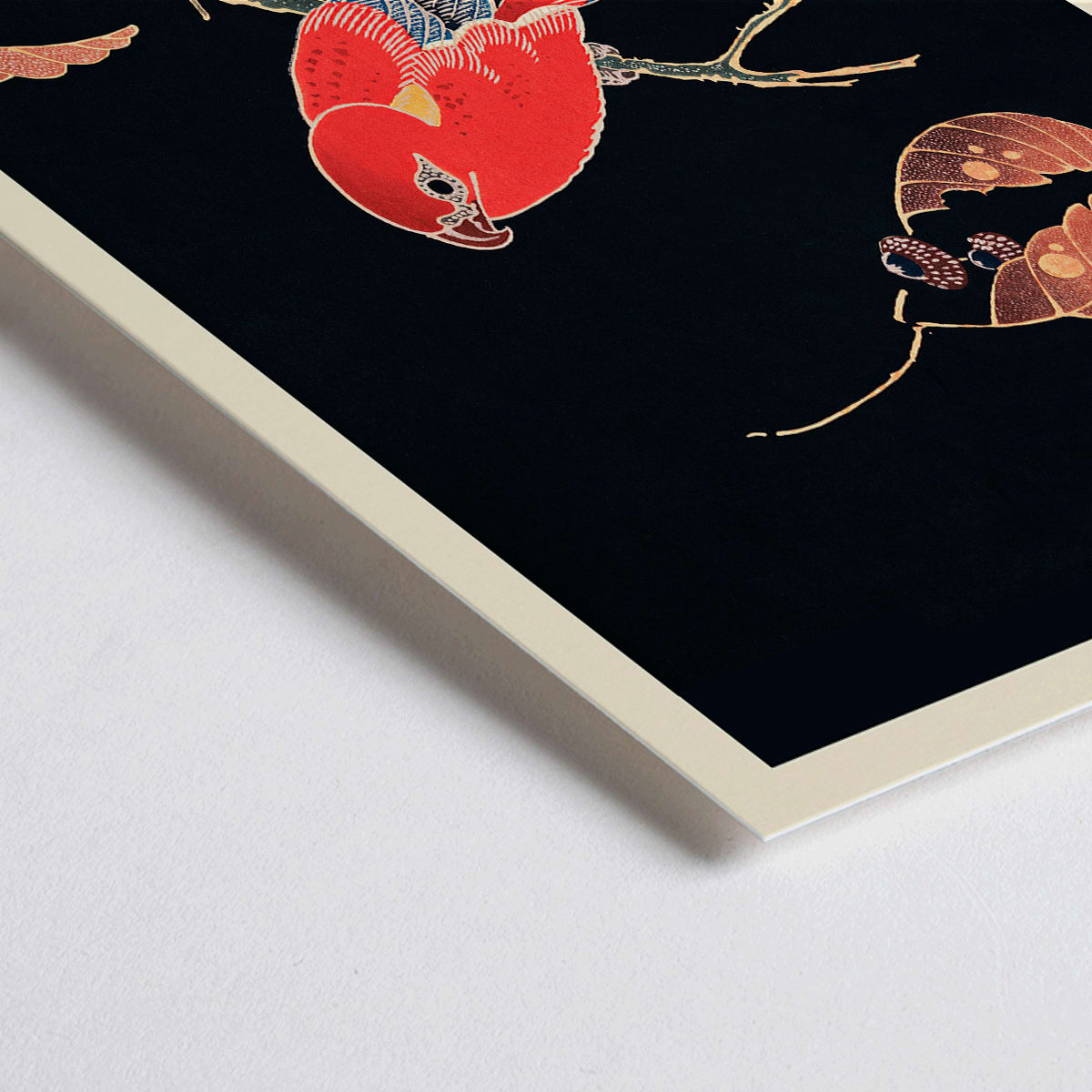 Closeup detail of Vibrant red parrot perched on a tree branch artwork by Ito Jakuchu showcasing intricate details and colors poster