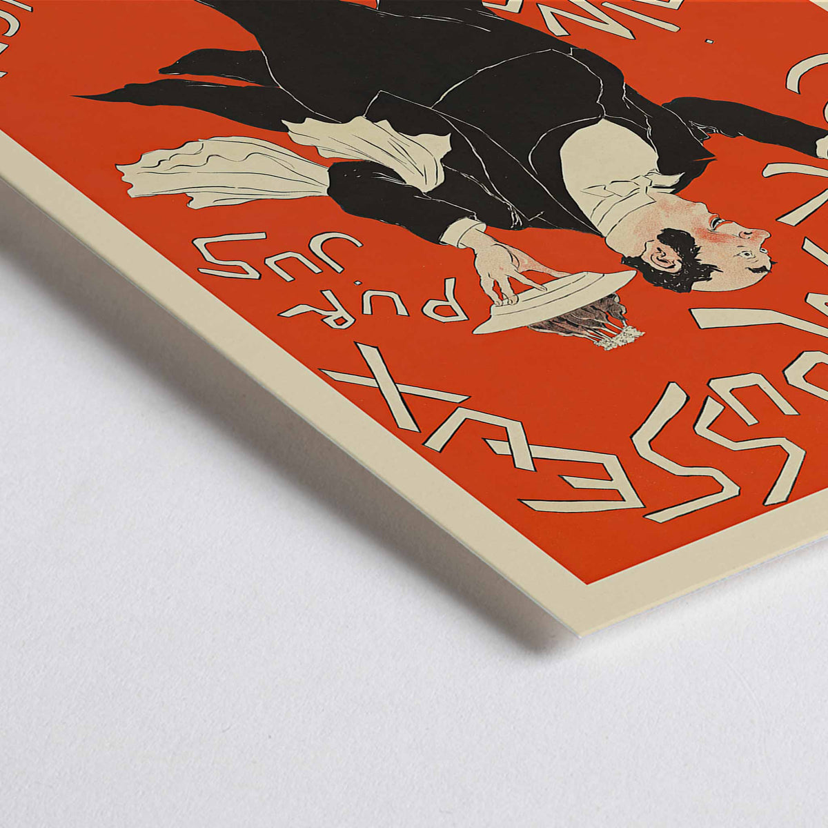 Closeup detail of Eugène Le Mouel Grand sparkling cider poster with waiter, bottle and tray in lively red and cream advertising scene