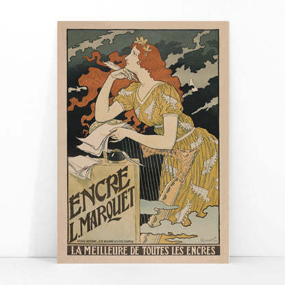 Art Nouveau poster of a woman in a yellow dress with flowing red hair writing at a desk for Encre Marquet by Eugene Grasset, framed and displayed in modern living room decor
