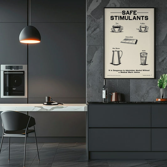 Dominion Scientific Temperance Committee illustration and poster promoting prohibition and safe alternatives to alcohol such as tea coffee chocolate hot water and milk, framed and displayed in home decor