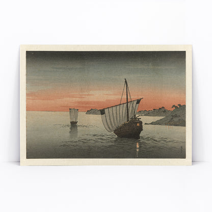 Two sailing ships at sunset along the coast by Yoshimune Utagawa with boats on calm waters near rocky shore poster artwork, framed and displayed in modern living room decor