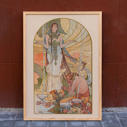 Alphonse Mucha Salammbô The Incantation Art Nouveau poster with ornate figure and flowing lines, framed and displayed in home decor