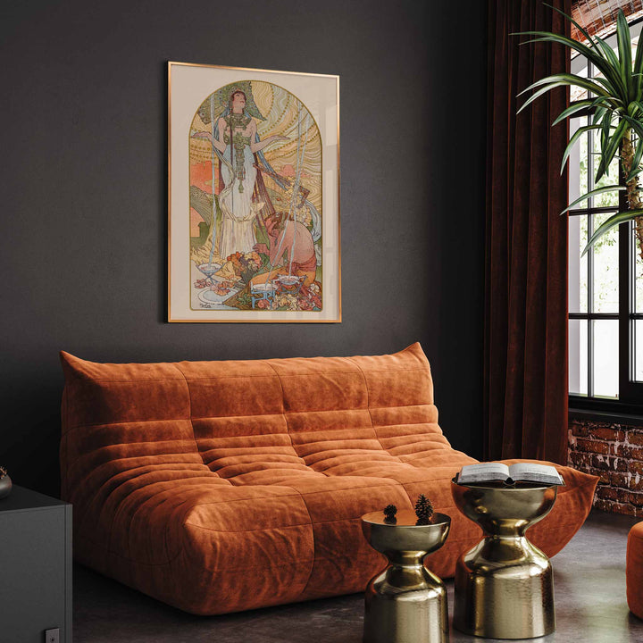 Alphonse Mucha Salammbô The Incantation Art Nouveau poster with ornate figure and flowing lines, framed and displayed in modern living room decor
