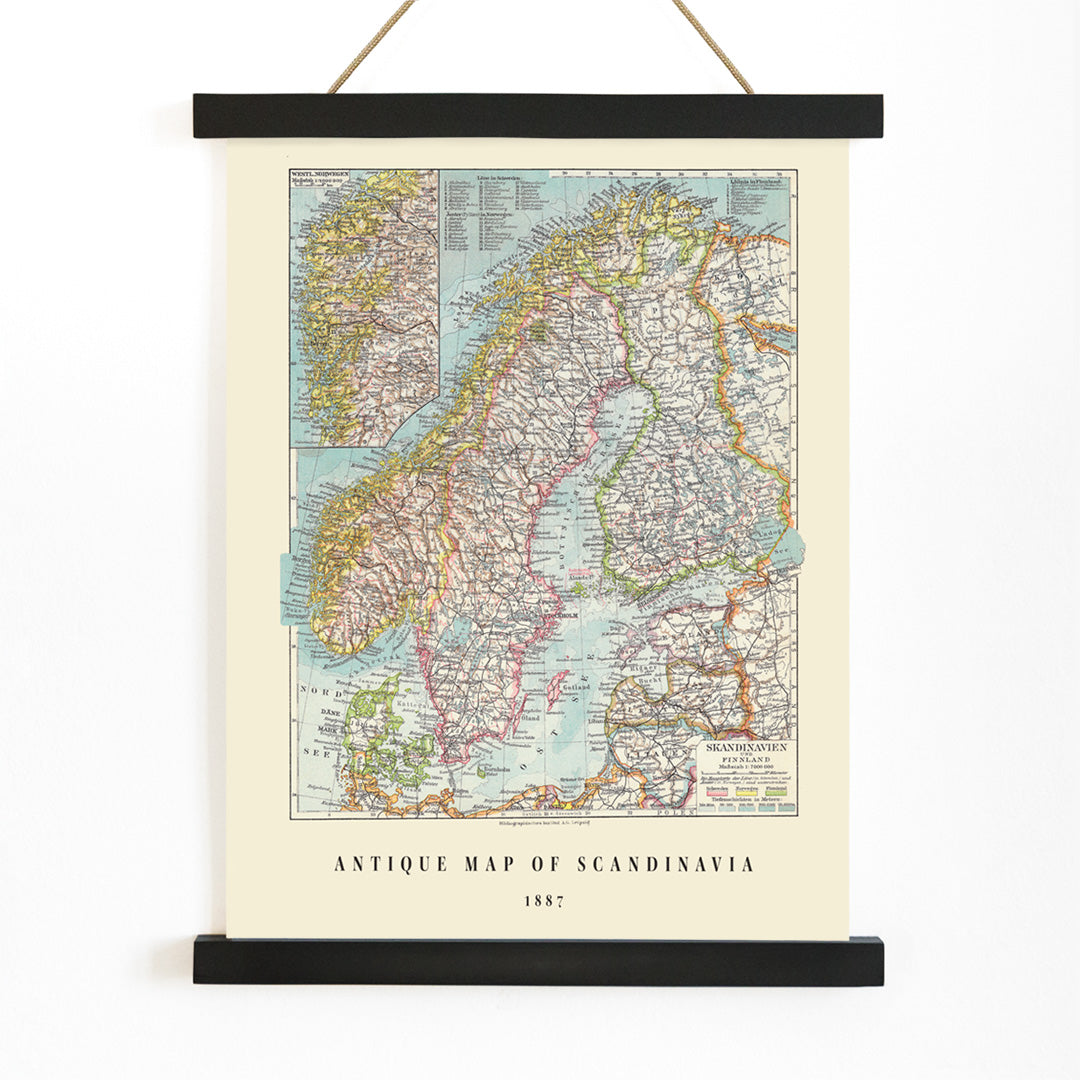 Vintage map of Scandinavia German antique wall art by Institute of Liepzig detailed geographic poster for home or office decor, with wooden magnetic frame on white background