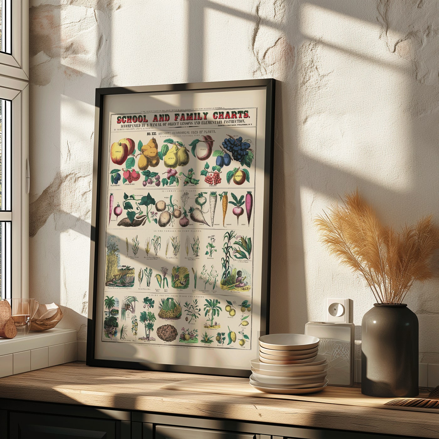 Botanical chart by Marcius Willson showing the economical use of plants with illustrations of fruits vegetables and plants poster, framed and displayed in home decor