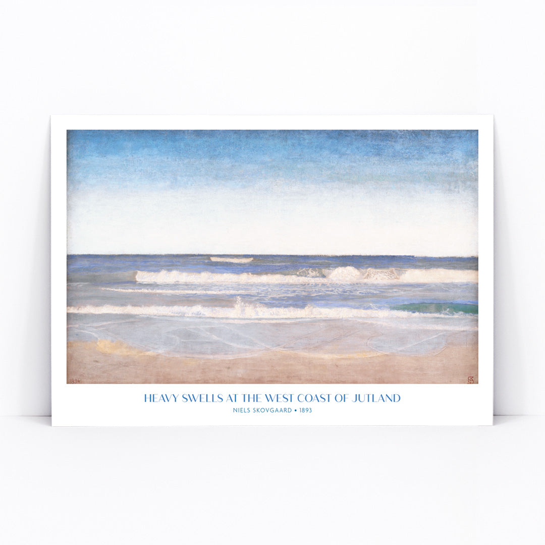 Ocean waves crashing on sandy shore painting and poster by Niels Skovgaard Heavy Swells at the West Coast of Jutland, framed and displayed in modern living room decor
