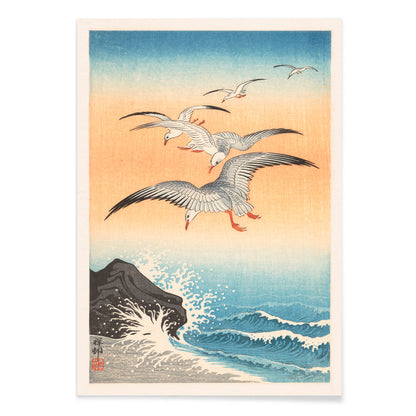 Five seagulls flying over turbulent sea with waves and rocky shore artwork by Ohara Koson, with black aluminium frame on white background