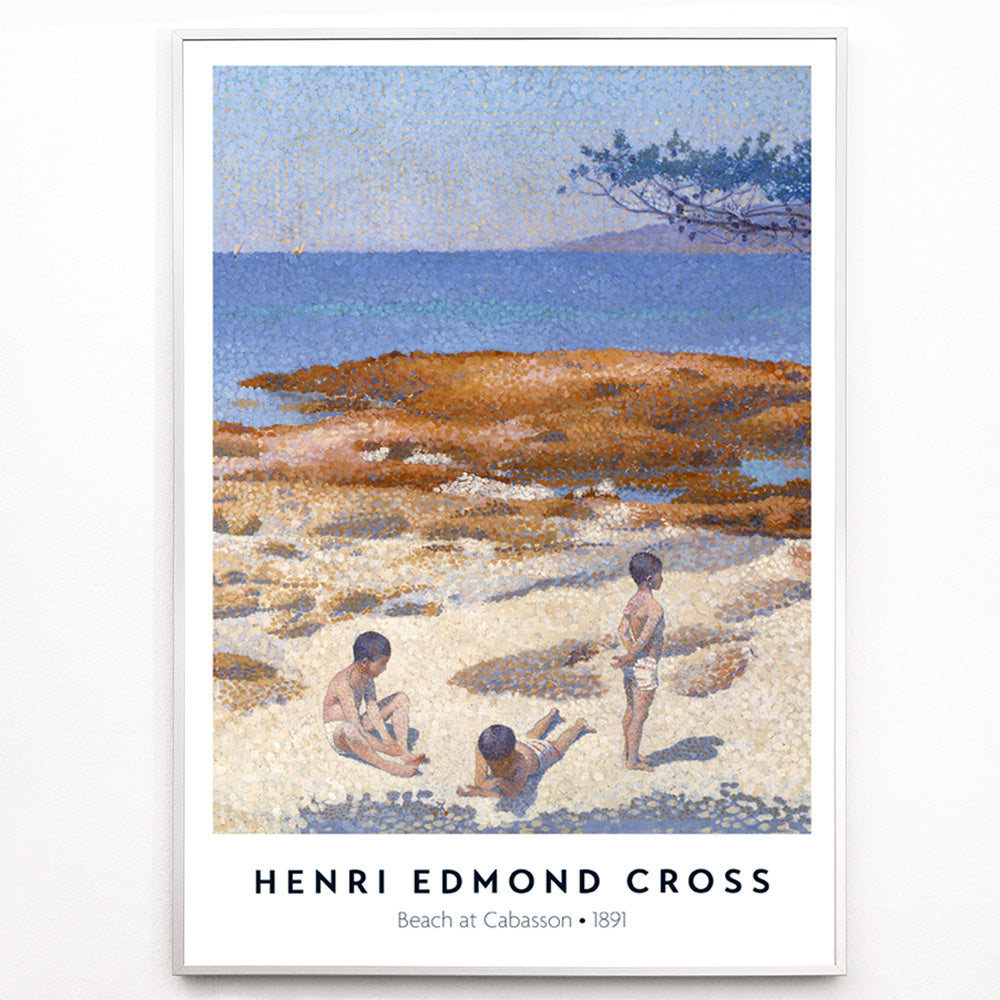 Closeup detail of Poster of Beach at Cabasson by Henri Edmond Cross with children playing on a sandy shore under a blue sky