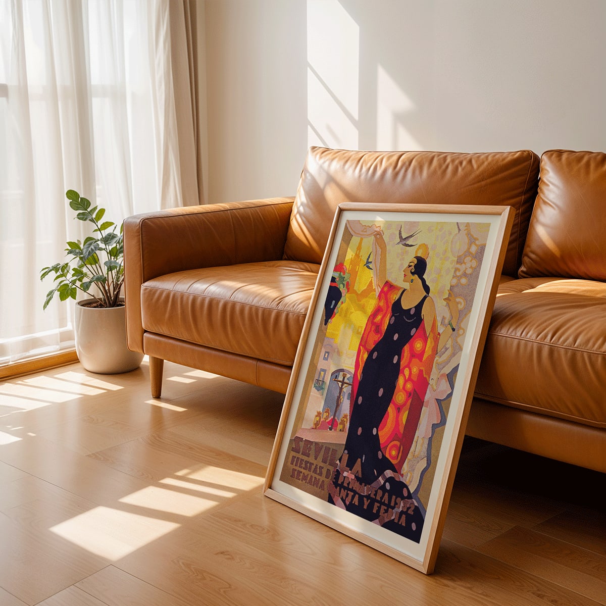 Sevilla Fiestas de primavera poster by Balaca y Orejas-Canseco featuring a colorful flamenco dancer in a vibrant dress with cityscape and birds in the background, framed and displayed in modern living room decor