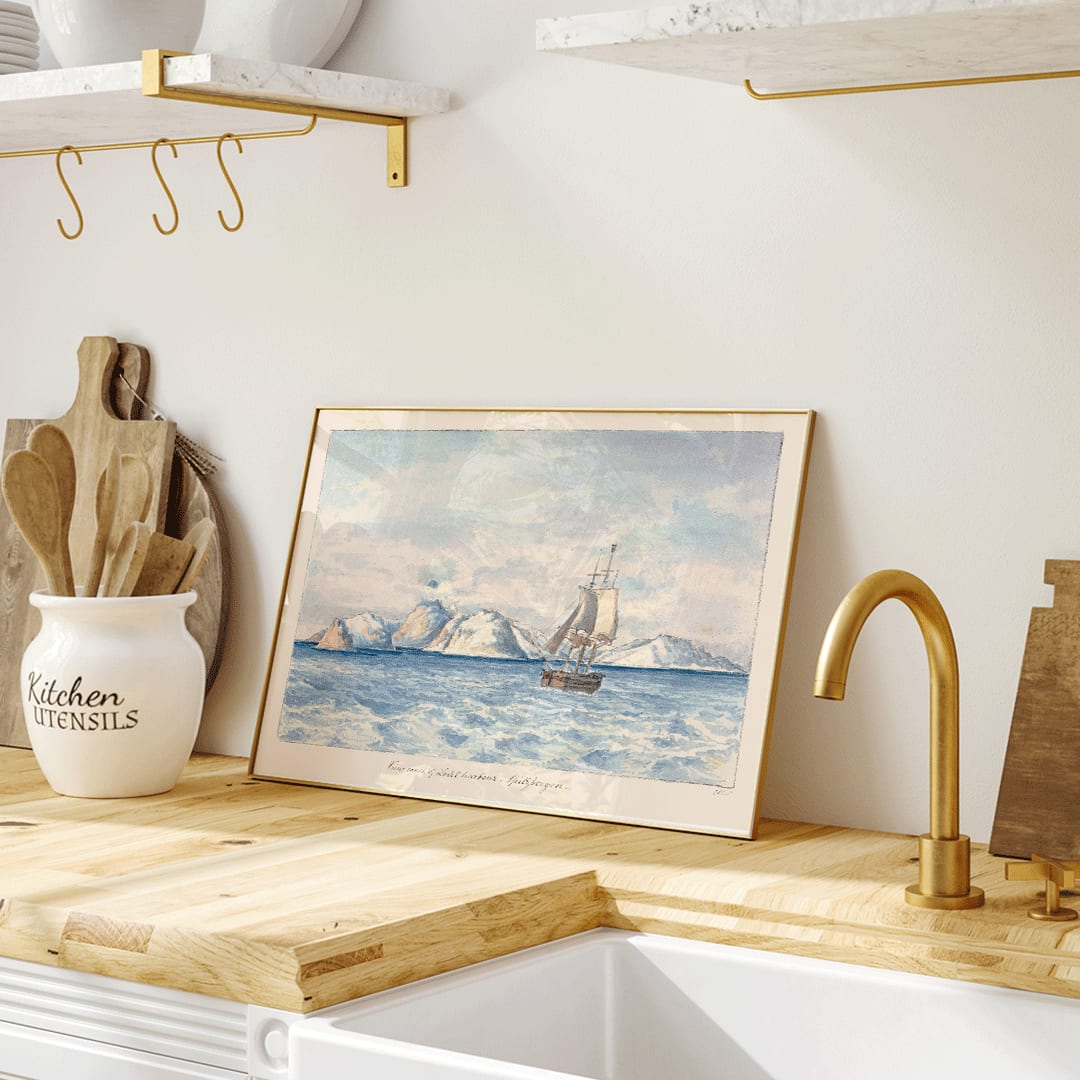 Sailing ship near snowy mountains in View West of Lout Harbour Spitzberger by Charles Hamilton Smith poster painting with sailboat and icy mountains in background, framed and displayed in home decor