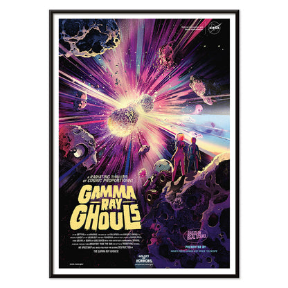 Astronauts and asteroids in vibrant cosmic explosion Gamma Ray Ghouls by NASA space wall art poster, with black aluminium frame on white background