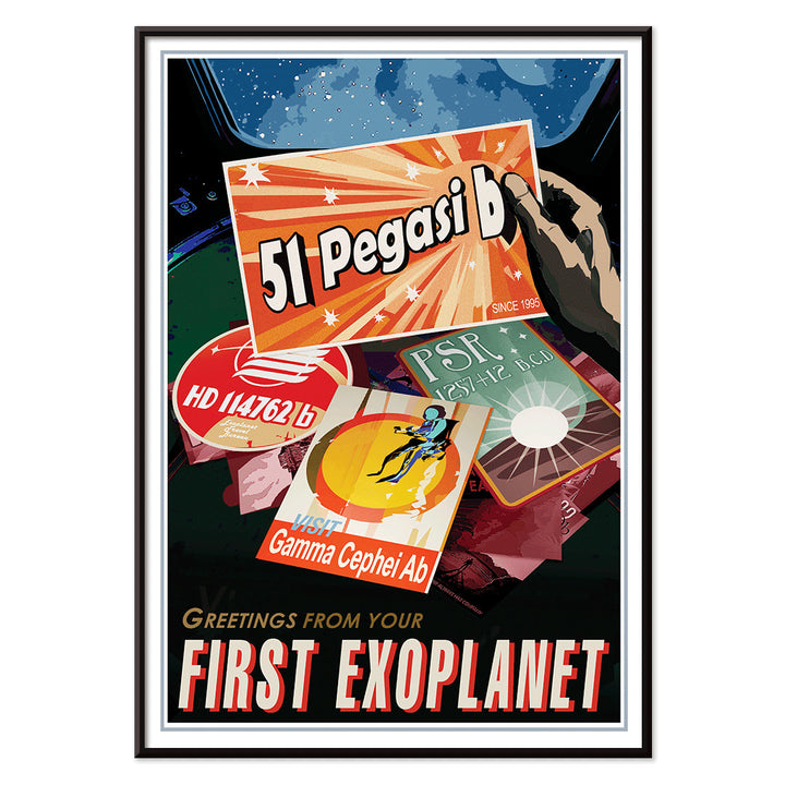 NASA retro style space travel poster with vibrant exoplanet postcards and text greetings from your first exoplanet wall decor, with black aluminium frame on white background
