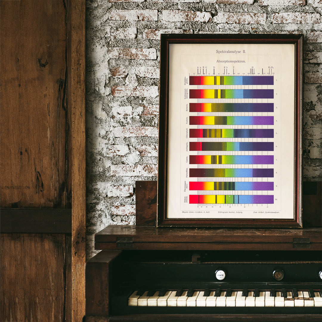 Colorful absorption spectra chart and poster featuring spectral analysis bars by The Institute of Liepzig for science wall decor, framed and displayed in home decor
