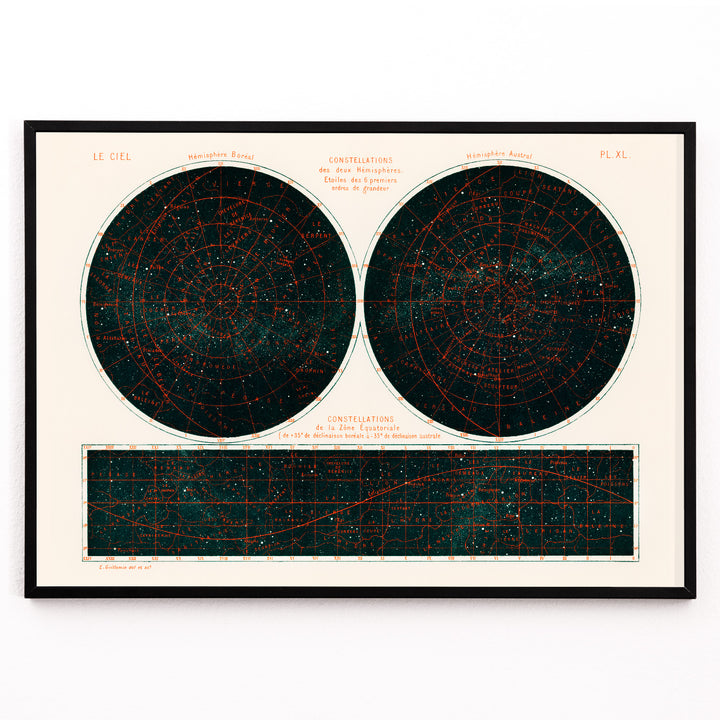 Closeup detail of Celestial chart and poster of the two hemispheres night sky by Guillemin Amédée showing Constellations of the Two Hemispheres star maps