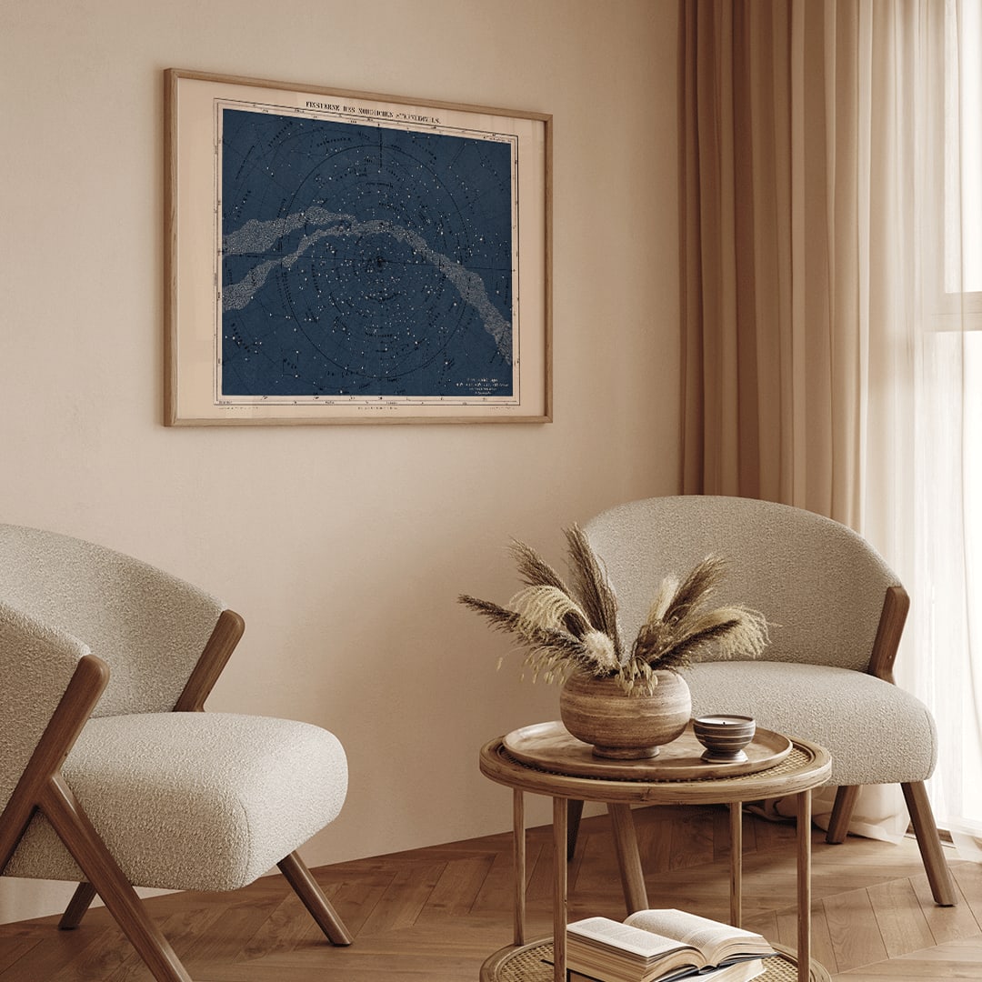 Star map of the Milky Way North Hemisphere by Institute of Liepzig featuring labeled constellations and celestial features, framed and displayed in home decor