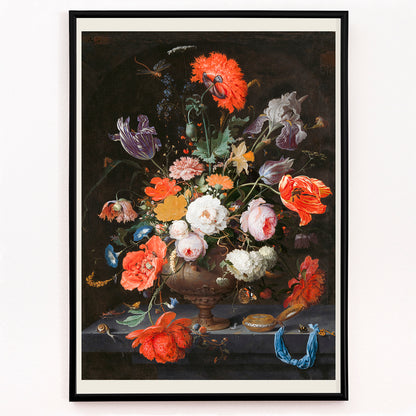 Closeup detail of Colorful bouquet of flowers in a vase with a watch vibrant floral arrangement by Abraham Mignon Still Life with Flowers and a Watch poster