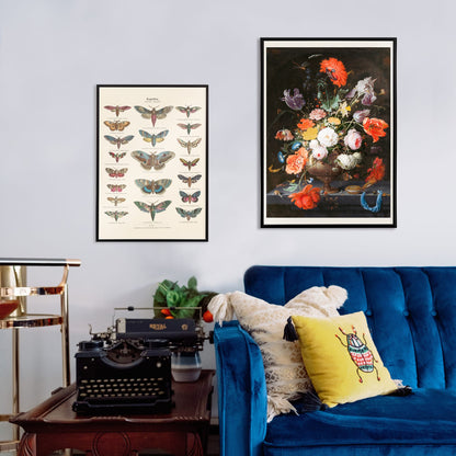 Colorful bouquet of flowers in a vase with a watch vibrant floral arrangement by Abraham Mignon Still Life with Flowers and a Watch poster, framed and displayed in home decor