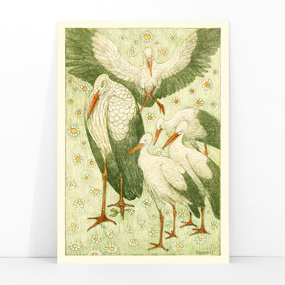 Five storks standing and flying among daisies and flowers in a meadow artwork by Theo van Hoytema poster, framed and displayed in modern living room decor