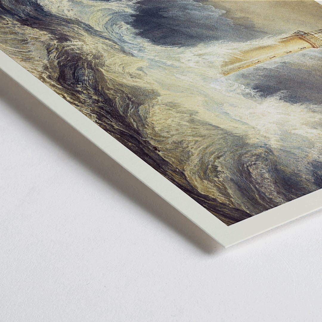 Closeup detail of Bell Rock Lighthouse painting by Joseph Mallord William Turner showing a lighthouse in stormy seas with towering waves and a sailboat