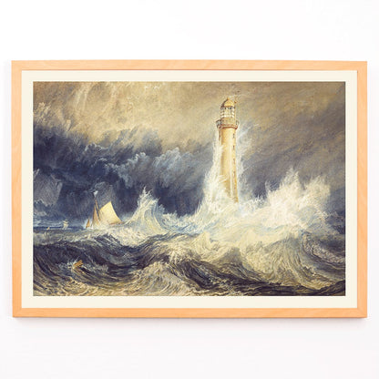 Bell Rock Lighthouse painting by Joseph Mallord William Turner showing a lighthouse in stormy seas with towering waves and a sailboat, framed and displayed in modern living room decor