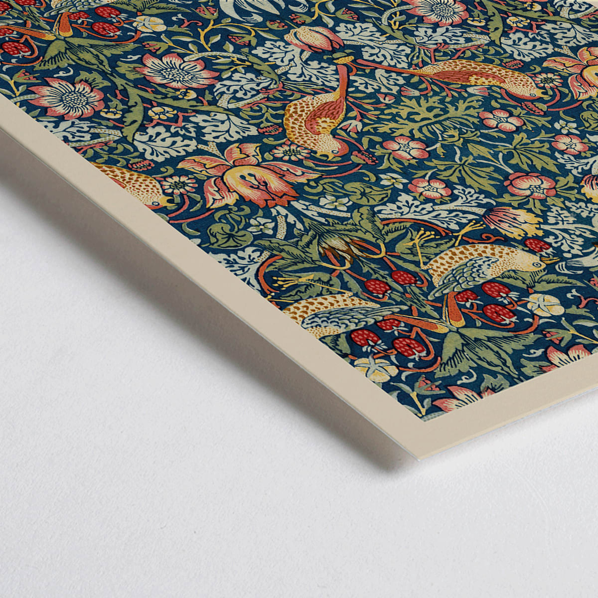 Closeup detail of Strawberry Thief by William Morris ornate floral and bird pattern artwork poster with intricate designs and rich colors