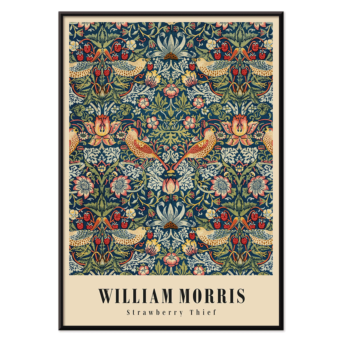 Strawberry Thief by William Morris ornate floral and bird pattern artwork poster with intricate designs and rich colors, with black aluminium frame on white background