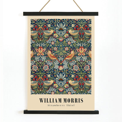 Strawberry Thief by William Morris ornate floral and bird pattern artwork poster with intricate designs and rich colors, with wooden magnetic frame on white background