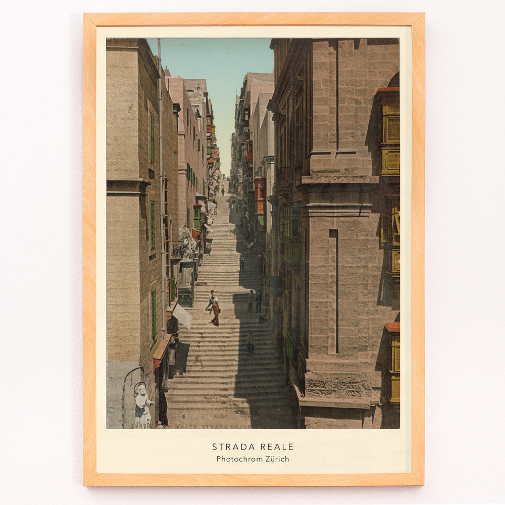 Closeup detail of Steep stone staircase and historic street scene with people in Valletta Strada Reale by Photochrom Zurich