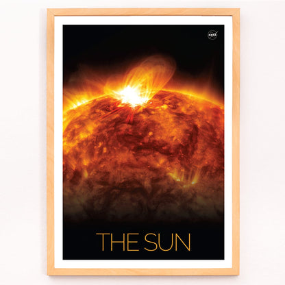 Vibrant NASA artwork of the Sun with solar flares titled The Sun 1 fiery depiction and poster, framed and displayed in modern living room decor